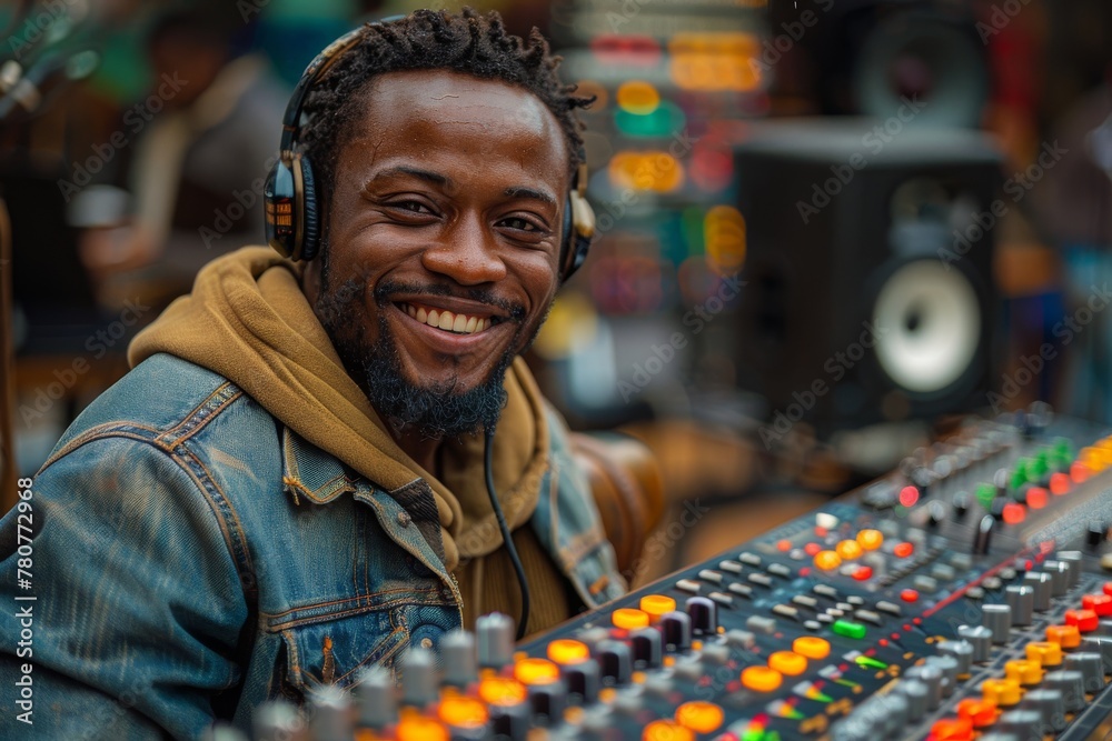 A happy sound technician operates an audio mixer surrounded by vibrant equipment A happy sound technician operates an audio mixer surrounded by vibrant equipment