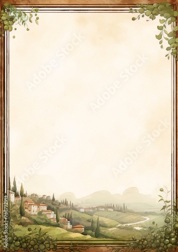 Watercolor landscape of a tuscan valley with a grapevine border