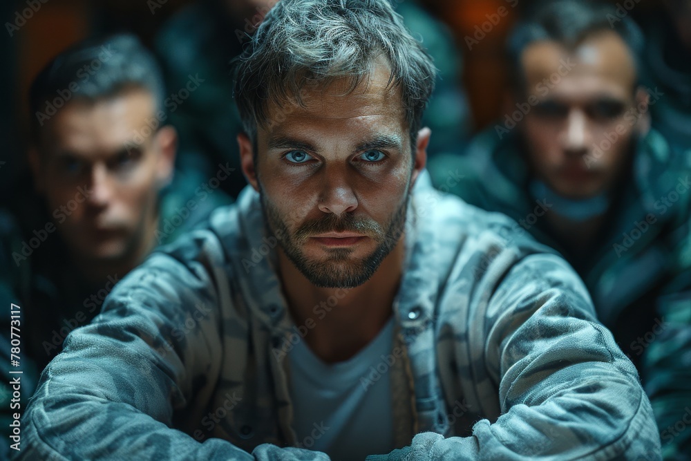 A focused man sits at the forefront of a group, his intense eyes portraying determination and leadership A focused man sits at the forefront of a group, his intense eyes portraying determination and leadership
