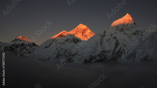 Mount Everest and Nuptse at sunset, view from Kala Patthar, Nepal. photo