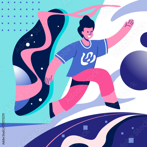 Flying people. Jumping girl. Bouncing guy. Abstract geometric spheres. Positive emotion. Joy and happiness. Levitating person. Free movement. Man running in zero gravity. Vector banner