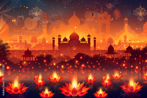 Mosque and hanging lamps on sunset. Night view of Taj Mahal by candlelight. Ramadan, Eid al-Fitr or Eid al-Adha. Diwali, Pongal, Ugadi, Gudi Padwa celebration. Hindu holiday greeting card, banner