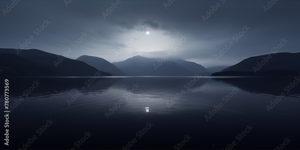 Fototapeta premium Dark mountain lake at night with full moon reflecting on the water surface, digital art