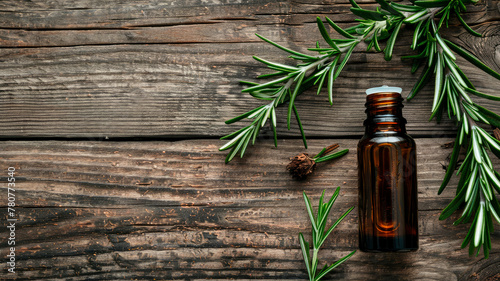 rosemary essential oil in a bottle. selective focus.
