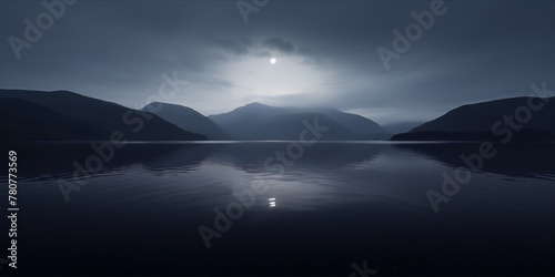 Dark mountain lake at night with full moon reflecting on the water surface, digital art