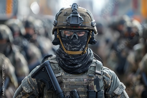 An alert and equipped soldier poised for duty, face blurred, highlighting the military attire and ready stance