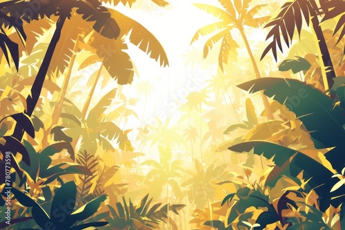 Wallpaper Mural Illustration of a wild tropical jungle in bright colors, the rays of the bright sun penetrate through the palm trees and plants Torontodigital.ca