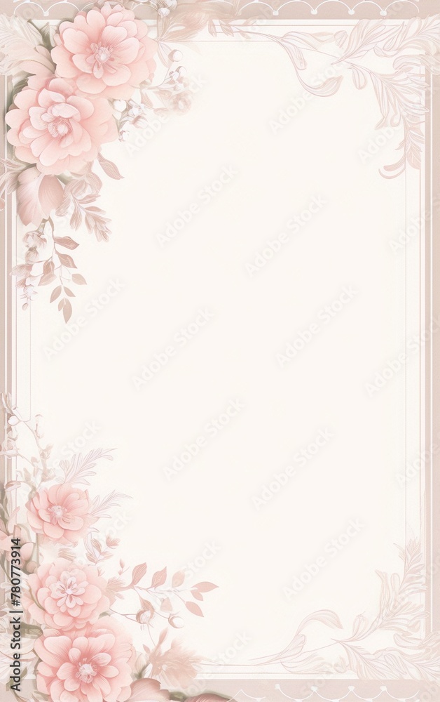 Pink roses and white flowers frame with a beige background in a classic style