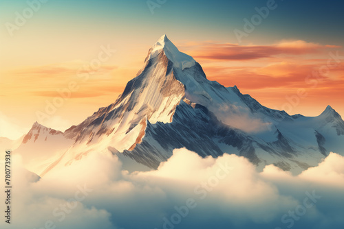 Mountain peak rising above the clouds in the early morning light. Generative AI photo