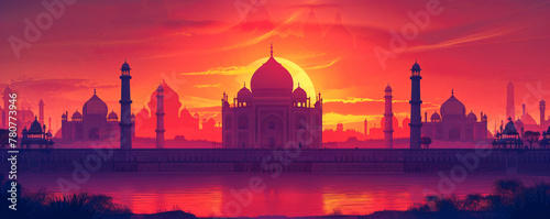 Panorama view of India with Taj Mahal at sunset. Night ancient arab city in desert, east architecture in oasis. Happy Independence Day of India. Travel and tourism concept