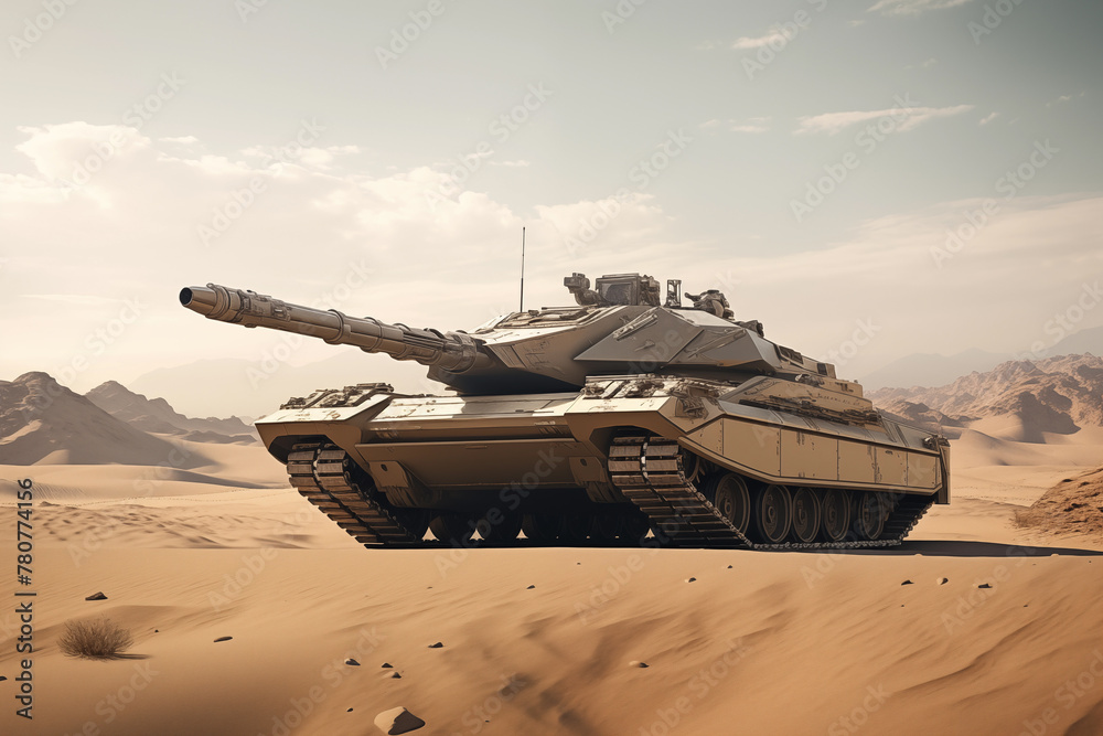 Modern tank prowling through a desert landscape. Generative AI