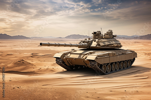 Modern heavy military tank rolling across a desert landscape. Generative AI