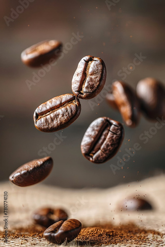 Macro view of coffee beans levitating, copy space © piai