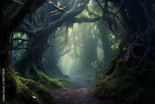 Foggy mystical forests, where enchanted trees and magical creatures dwell in the depths of nature. Generative AI photo