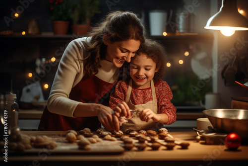 Loving mother and daughter baking cookies together in a cozy kitchen. Generative AI