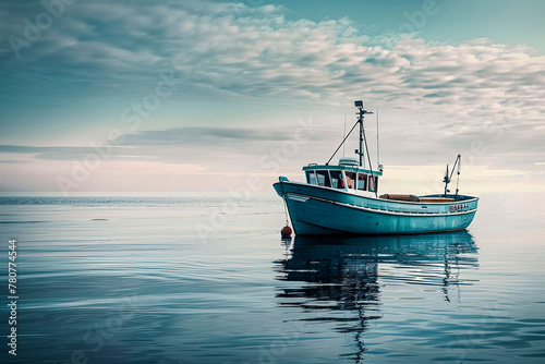 blue fishing boat on a calm sea