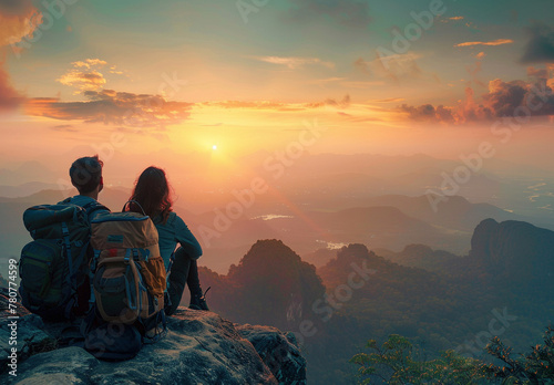 Couple Gazing at Sunset from Mountain Top with Backpacks