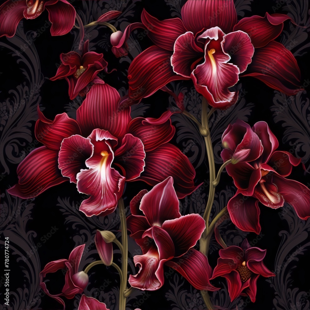Red and black orchids with intricate details on a dark patterned background in a realistic and detailed art style.