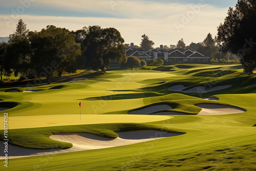 Luxury country club golf course, with manicured fairways and pristine greens. Generative AI