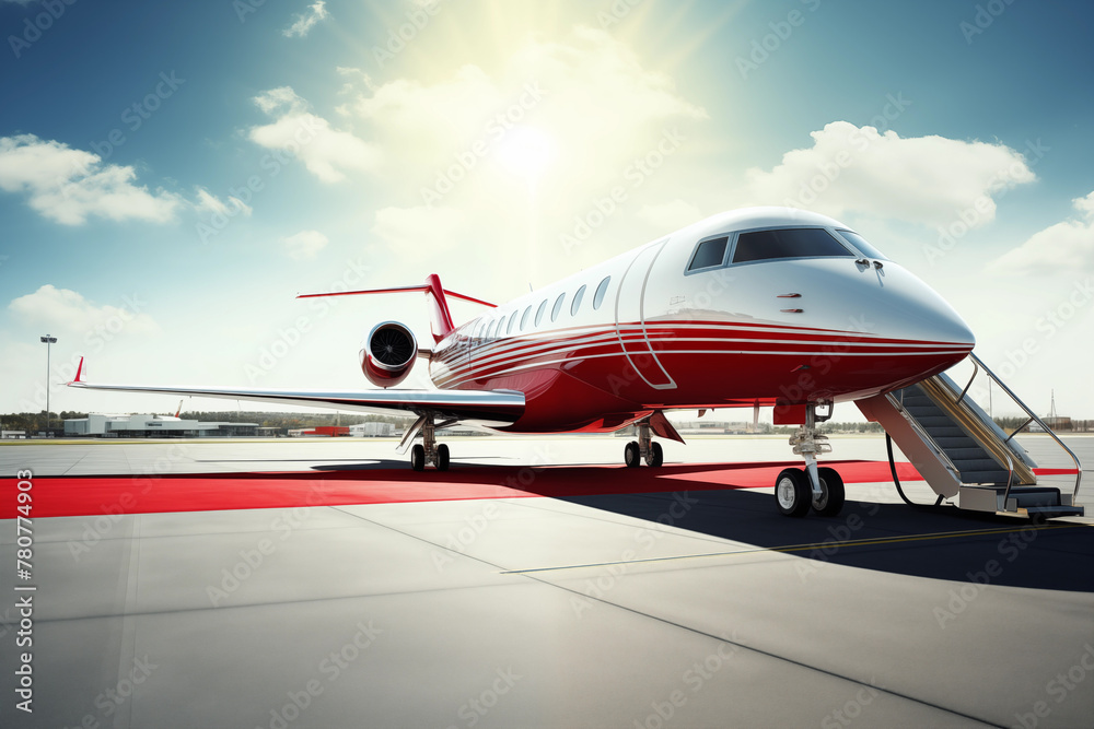 Private jet parked on a tarmac, with its sleek exterior gleaming under the sunlight. Generative AI Private jet parked on a tarmac, with its sleek exterior gleaming under the sunlight. Generative AI