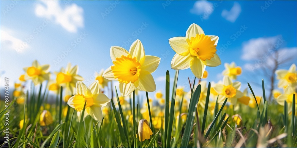 Field of bright yellow daffodils in full bloom with green stems and petals and a blue sky in the background