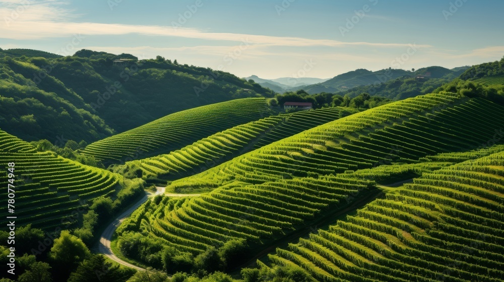 Scenic view of vineyard covered hills in harmony