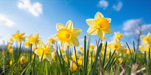 Field of bright yellow daffodils in full bloom with green stems and petals and a blue sky in the background