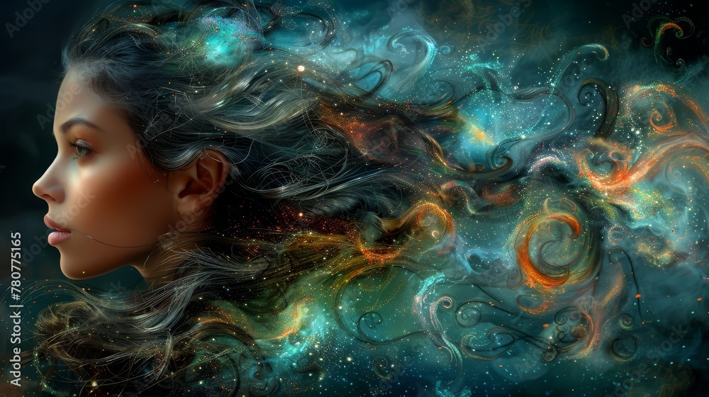  Woman's face with wind-blown hair, stars as backdrop