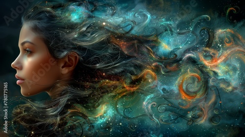  Woman's face with wind-blown hair, stars as backdrop