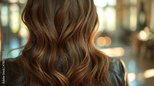  A woman's long, shiny, wavy brown hair fills the foreground, framing the back of her head