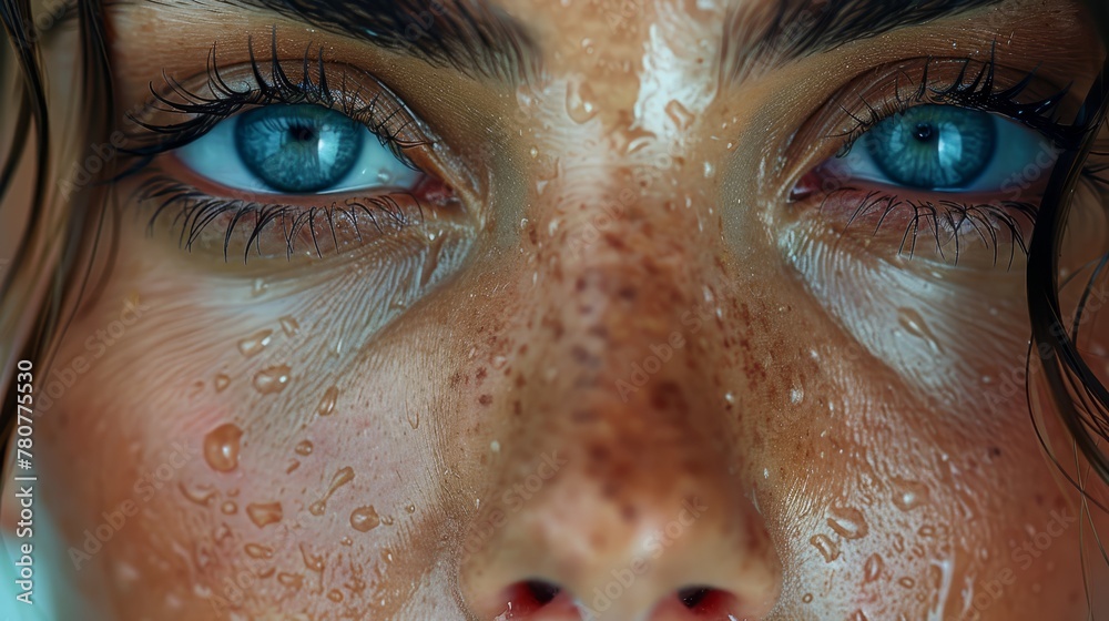 A tight shot of a woman's face with expressive blue eyes and scattered freckles, as if dewdrops had landed on her skin A tight shot of a woman's face with expressive blue eyes and scattered freckles, as if dewdrops had landed on her skin