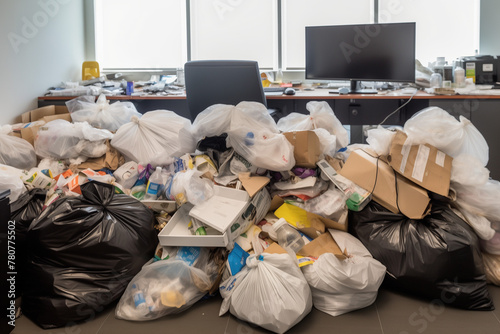 A mountain of garbage, garbage bags in the middle of a modern bright office during the working day