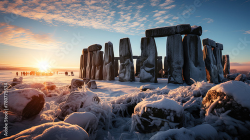 A Glorious Winter Solstice Sunrise at Stonehenge Where The Sun is Still Low and the Light Streaming Between The Monument Blocks