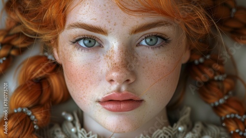  freckles dotting it, hair flecked with similar marks, a necklace encircling her neck photo