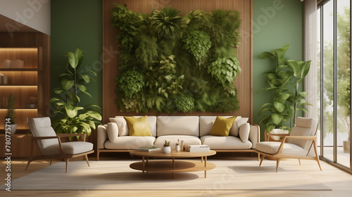 Modern living room with lush green wall and mid-century modern furniture