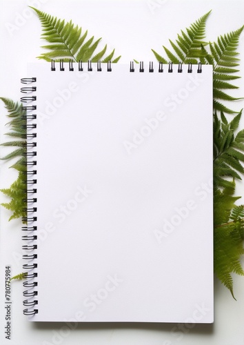 Blank spiral notebook with green fern leaves, on white background, photographed from above, still life, art and craft, interior design, natural