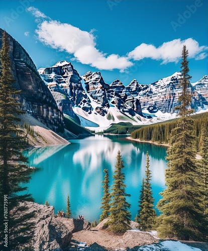 Turquoise glacial lake and snowcapped mountain peaks in the Canadian Rockies