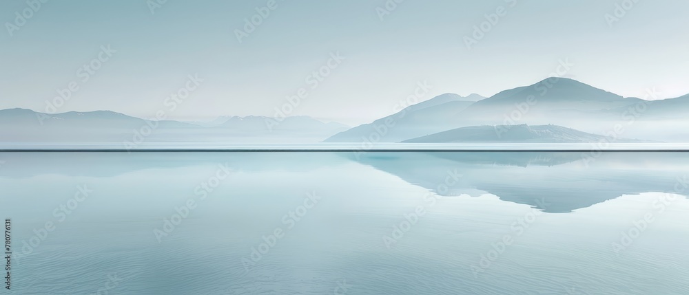   A scene of a sizable water body, backed by mountains, and a foreground fog-filled sky