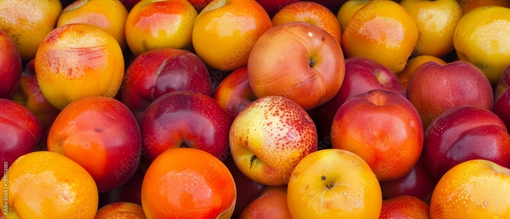 A stack of apples and oranges arranged together A stack of apples and oranges arranged together