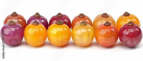  A line of distinctly colored fruits aligned on a white tabletop against a plain white background