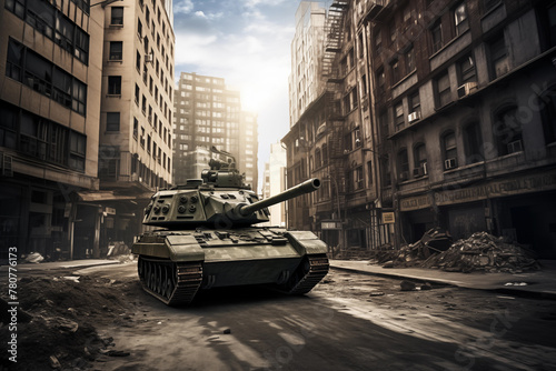 Military tank advancing through an urban environment. Generative AI photo