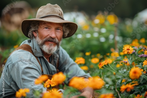 Senior person with a beard smiles among marigold flowers, exuding a sense of peace and pleasure from gardening