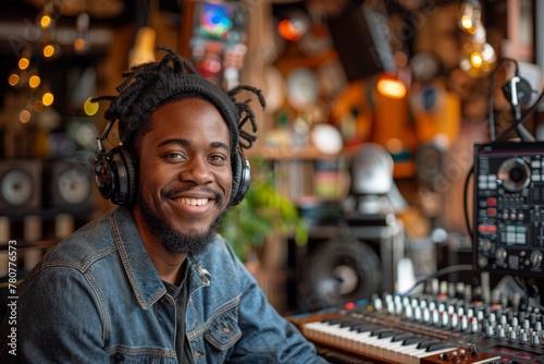 An African descent musician with dreadlocks and denim jacket working with music equipment in a cheerful ambiance