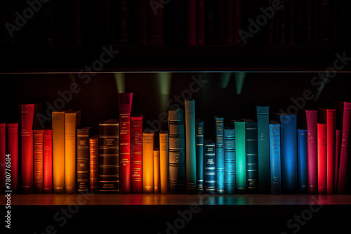 Visually striking arrangement of books organized by color on a bookshelf. Generative AI