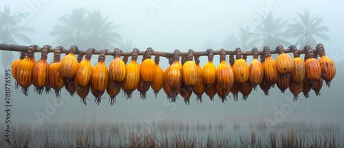   A group of bananas dangles from a wooden pole, overhanging a body of water Palm trees line the backdrop photo