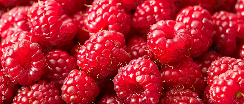 A red raspberry heap adjacent to another, both brimming with raspberries A red raspberry heap adjacent to another, both brimming with raspberries