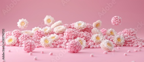   A heap of pink and white blossoms atop a pink backdrop, featuring white and yellow petals