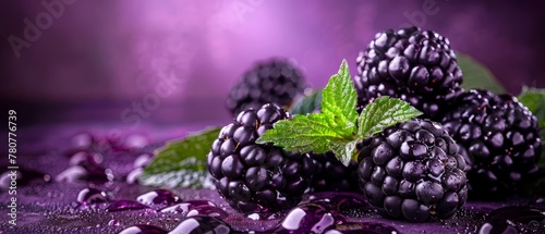   A blackberry pile on the table, accompanied by a green leaf and multicolored sprinkles in shades of purple and white photo