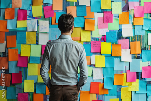 Man Contemplating Colorful Sticky Notes on Wall