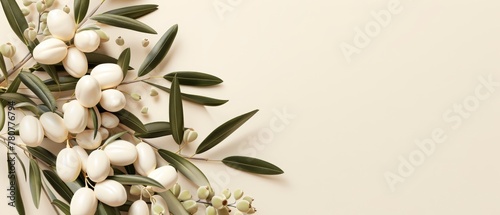   A bouquet of white flowers with green leaves against a beige backdrop Insert text or image here photo